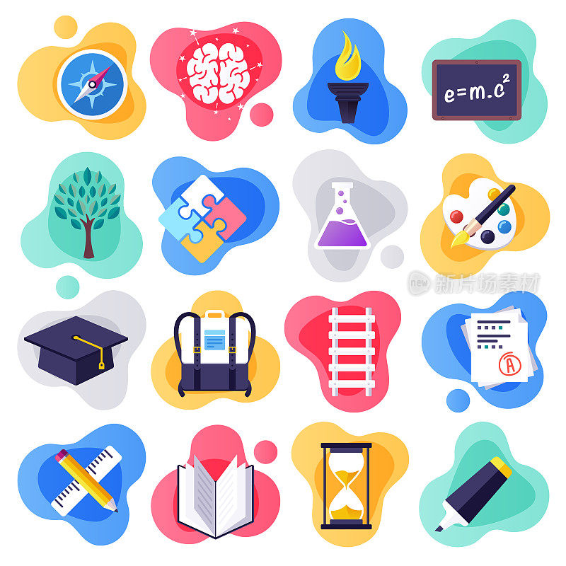 Back to School & Learning Skills Flat Liquid Style Vector Icon Set